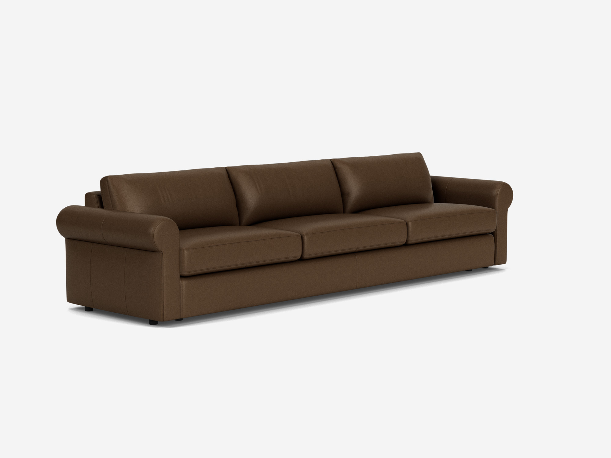 Brown leather 3-seat sofa with roll arms front angle view